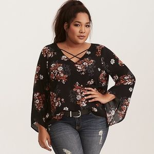 Floral Cross Front Bell Sleeve Challis Blouse